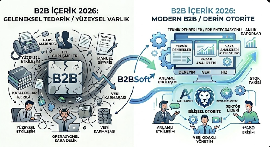 B2BSoft'un B2B içerik pazarlamasının dijital dönüşümünü analiz eden, iki kısımdan oluşan infografiği. Sol tarafta, karanlık bir arka plan üzerinde 'B2B İÇERİK 2026: GELENEKSEL TEDARİK / YÜZEYSEL VARLIK' başlığı, faks makinesi, telefon, kataloglar ve 'Operasyonel Kara Delik' içinde stresli bir insan yer alıyor. Sağ tarafta, aydınlık ve mavi-yeşil bir arka plan üzerinde 'B2B İÇERİK 2026: MODERN B2B / DERİN OTORİTE' başlığı, optimize edilmiş ekran, 'Bilişsel Otorite'yi simgeleyen aslan logosu, 'Teknik Rehberler,' 'Vaka Analizleri,' 'Pazar Analizleri' ikonları ve '%60 ERİŞİM' artışını gösteren grafik bulunuyor. İki tarafı birleştiren 'B2BSoft' logosu ve ok, dijital dönüşümü simgeliyor.