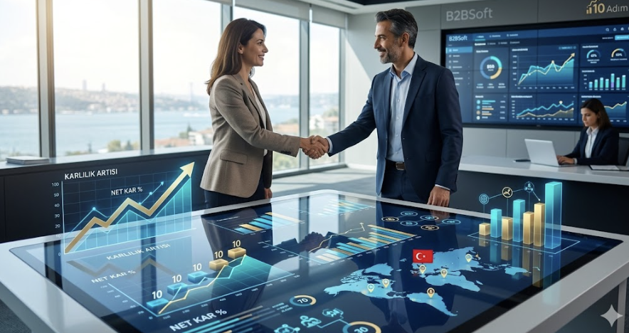 Modern bir İstanbul ofisinde, etkileşimli ekran üzerindeki yükselen kârlılık grafiklerini ve dijital ağları inceleyerek B2B bayi kanalından maksimum verim almayı sağlayan 10 adımlık stratejiyi el sıkışarak onaylayan iki iş ortağı.