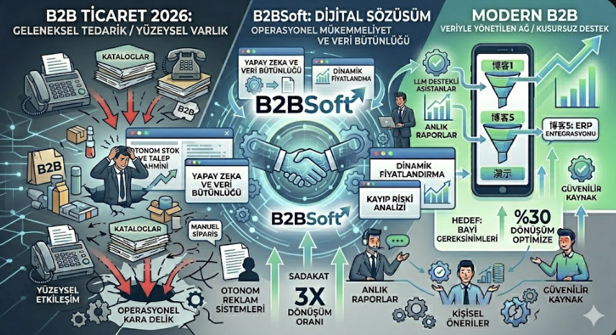 B2BSoft'un B2B ticaretinde bayi sadakatini analiz eden, dairesel modüllerden oluşan infografiği. Görsel, 'Geleneksel Tedarik'ten 'Modern B2B'ye geçiş sürecini üç dairesel alanda sunuyor. Sol tarafta, karanlık bir arka plan üzerinde 'B2B TİCARET 2026: GELENEKSEL TEDARİK / YÜZEYSEL VARLIK' başlığı, faks makinesi, kataloglar, stresli bir insan ve 'Operasyonel Kara Delik' içinde parçalanmış 'B2B' logosu yer alıyor. Central dairesel alanda, aydınlık bir arka plan üzerinde 'B2BSoft: DİJİTAL DÖNÜŞÜM / OPERASYONEL MÜKEMMELİYET VE VERİ BÜTÜNLÜĞÜ' başlığı, 'Yapay Zeka ve Veri Bütünlüğü,' 'Otonom Stok ve Talep Tahmini,' 'Dinamik Fiyatlandırma,' 'Kayıp Riski Analizi' ikonları ve 'SADAKAT +%30' grafiklerini gösteren kenetlenmiş bir dijital el sıkışma ve şeffaf veri akışları ünitesi bulunuyor. Sağ tarafta, aydınlık bir arka plan üzerinde 'MODERN B2B / VERİYLE YÖNETİLEN AĞ / KUSURSUZ DESTEK' başlığı, akıllı telefon ekranı ve 'Yeniden Pazarlama' ile 'Satış Hunisi' süreçlerini simgeleyen bir mıknatıs metaforunu içeriyor. 'B2BSoft' logosu ve oklar, dönüşümü simgeliyor.