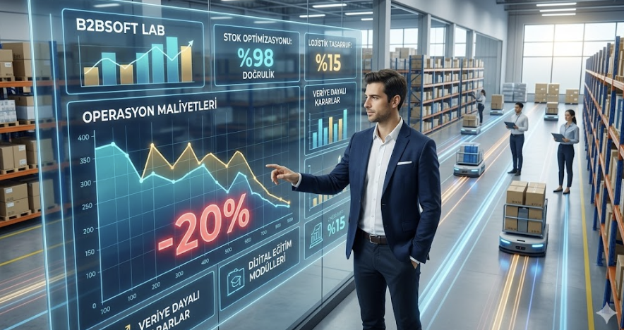 Geleceğin B2BSoft deposunda, otomatik yönlendirmeli araçların (AGV) hareket ettiği ve bir yöneticinin interaktif ekran üzerinden maliyetlerin %20 azaltılmasını, stok optimizasyonunu ve lojistik tasarrufu sağlayan verileri analiz ettiği sahne.