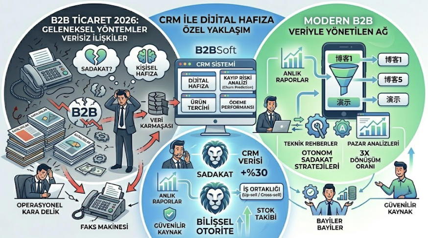 B2BSoft'un B2B ticaretinde CRM ve bayi sadakatini analiz eden, dairesel modüllerden oluşan infografiği. Sol dairesel alanda, karanlık bir arka plan üzerinde 'B2B TİCARET 2026: GELENEKSEL YÖNTEMLER / VERİSİZ İLİŞKİLER' başlığı, faks makinesi, kataloglar, stresli bir insan ve 'Operasyonel Kara Delik' içinde parçalanmış 'B2B' logosu yer alıyor. Central dairesel alanda, aydınlık bir arka plan üzerinde 'CRM İLE DİJİTAL HAFIZA / ÖZEL YAKLAŞIM' başlığı, 'CRM SİSTEMİ' ekranında 'Dijital Hafıza,' 'Kayıp Riski Analizi (Churn Prediction),' 'Ödeme Performansı' ikonları, 'CRM Verisi' ve 'SADAKAT +%30' grafiklerini gösteren central 'BILIŞSEL OTORİTE' aslan logosu bulunuyor. Sağ dairesel alanda, aydınlık bir arka plan üzerinde 'MODERN B2B / VERİYLE YÖNETİLEN AĞ' başlığı, akıllı telefon ekranı ve 'Yeniden Pazarlama' ile 'Satış Hunisi' süreçlerini simgeleyen bir mıknatıs metaforunu içeriyor. 'B2BSoft' logosu ve oklar, dönüşümü simgeliyor.