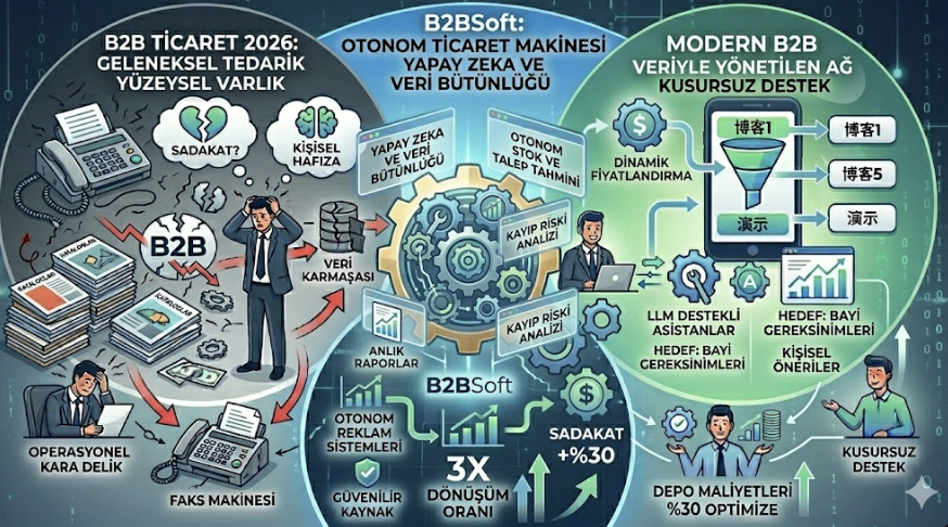 B2BSoft'un B2B e-ticaretin otonomlaşmasını analiz eden, cyber-physical matrix temasında dairesel modüllerden oluşan infografiği. Sol dairesel alanda, karanlık bir arka plan üzerinde 'B2B TİCARET 2026: GELENEKSEL TEDARİK / YÜZEYSEL VARLIK' başlığı, faks makinesi, telefon, kataloglar, stresli bir insan ve 'Operasyonel Kara Delik' içinde parçalanmış 'B2B' logosu yer alıyor. Central dairesel alanda, aydınlık bir arka plan üzerinde 'B2BSoft: OTONOM TİCARET MAKİNESİ / YAPAY ZEKA VE VERİ BÜTÜNLÜĞÜ' başlığı, 'Yapay Zeka ve Veri Bütünlüğü,' 'Otonom Stok ve Talep Tahmini,' 'Dinamik Fiyatlandırma,' 'Kayıp Riski Analizi' ikonları ve 'CRM Verisi' ve 'SADAKAT +%30' grafiklerini gösteren, aslan logosunun yerine geçen merkezi dişli ve veri akışları ünitesi bulunuyor. Sağ dairesel alanda, aydınlık bir arka plan üzerinde 'MODERN B2B / VERİYLE YÖNETİLEN AĞ / KUSURSUZ DESTEK' başlığı, akıllı telefon ekranı ve 'Yeniden Pazarlama' ile 'Satış Hunisi' süreçlerini simgeleyen bir mıknatıs metaforunu içeriyor. 'B2BSoft' logosu ve oklar, dönüşümü simgeliyor.