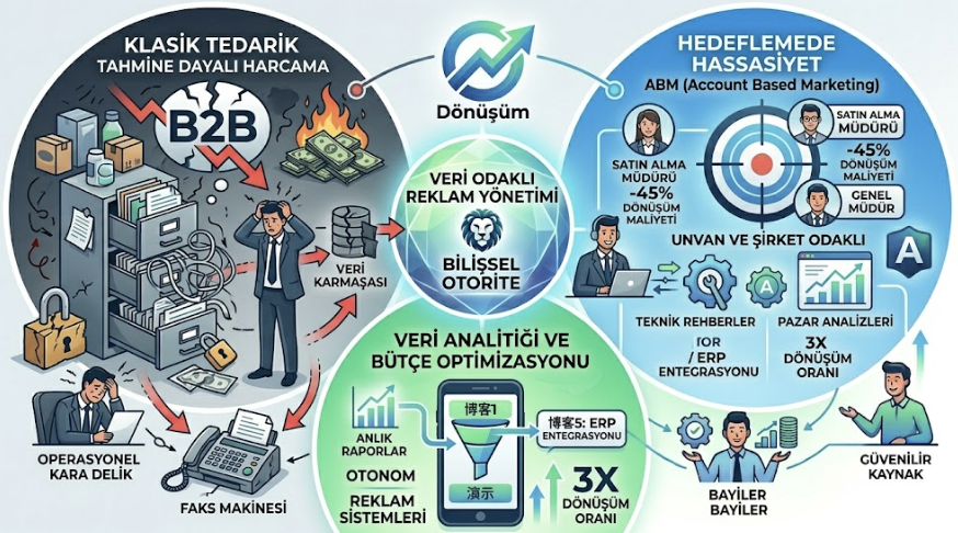 B2BSoft'un veri odaklı reklam yönetimini anlatan, birbirine bağlı dairesel modüllerden oluşan infografiği. Görsel, 'Tahmine Dayalı Reklam Harcaması'nı samanlıkta iğne aramaya benzeten metaforla başlıyor. Sol üstte karanlık bir arka plan üzerinde 'GELENEKSEL TEDARİK / OPERASYONEL KARMAŞA' başlığı, faks makinesi, darmadağın katalog yığınları içindeki stresli insanlar ve parçalanmış 'B2B' logosunu gösteren 'Operasyonel Kara Delik'i simgeliyor. Sağ üstte aydınlık bir arka plan üzerinde 'HEDEFLEMEDE HASSASİYET / ABM (Account Based Marketing)' başlığı, 'Satın Alma Müdürü,' 'IT Direktörü' ve 'Genel Müdür' unvanlarını hedefleyen bir retikül ikonunu içeriyor. Altta aydınlık bir arka plan üzerinde 'VERİ ANALİTİĞİ VE BÜTÇE OPTİMİZASYONU' başlığı, akıllı telefon ekranı ve 'Yeniden Pazarlama (Remarketing)' ile 'Satış Hunisi (Funnel)' süreçlerini simgeleyen bir mıknatıs metaforunu gösteriyor. Üç dairesel modülü 'VERİ ODAKLI REKLAM YÖNETİMİ'ni anlatan central 'BILIŞSEL OTORİTE' aslan logosu birleştiriyor. 'B2BSoft' logosu ve oklar, dönüşümü simgeliyor.