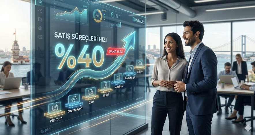 İstanbul Boğazı manzaralı modern bir ofiste, şeffaf dijital ekran üzerinde %40 satış hızı artışını, CRM entegrasyonunu, mobil desteği ve otomasyon araçlarını gösteren verileri inceleyen gülümseyen iki profesyonel satış yöneticisi.