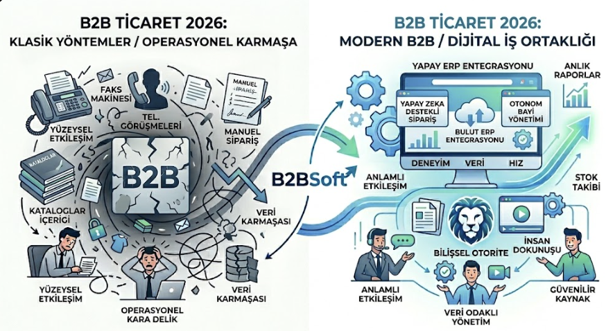 B2BSoft'un B2B ticaretin dijital dönüşümünü analiz eden, iki kısımdan oluşan infografiği. Sol tarafta, karanlık bir arka plan üzerinde 'B2B TİCARET 2026: KLASİK YÖNTEMLER / OPERASYONEL KARMAŞA' başlığı, faks makinesi, telefon, kataloglar ve 'Operasyonel Kara Delik' içinde stresli bir insan yer alıyor. Sağ tarafta, aydınlık ve mavi-yeşil bir arka plan üzerinde 'B2B TİCARET 2026: MODERN B2B / DİJİTAL İŞ ORTAKLIĞI' başlığı, optimize edilmiş ekran, yapay zeka, bulut ERP ikonları ve 'Veri Odaklı Yönetim'i simgeleyen aslan logosu bulunuyor. İki tarafı birleştiren 'B2BSoft' logosu ve ok, dijital dönüşümü simgeliyor.