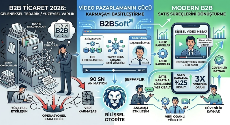 B2BSoft'un B2B video pazarlamanın dijital dönüşümünü analiz eden, üç sütunlu infografiği. Sol sütun, karanlık bir arka plan üzerinde 'GELENEKSEL TEDARİK / FİZİKSEL KATALOGLAR' başlığı, faks makinesi, telefon ve darmadağın katalog yığınları içindeki stresli insanları gösteren 'Operasyonel Kara Delik'i simgeliyor. Orta sütun, aydınlık bir arka plan üzerinde 'MODERN B2B / DERİN OTORİTE' başlığı, 'Bilişsel Otorite'yi simgeleyen aslan logosu, optimize edilmiş ekran, 'ERP Entegrasyonu,' 'Yapay Zeka Destekli Sipariş' ve 'Başarı Hikayesi' video ikonları ile 'Şeffaflık' ve 'Karmaşayı Basitleştirme'yi anlatıyor. Sağ sütun, yeşil bir arka plan üzerinde 'SATIŞ SÜREÇLERİNİ DÖNÜŞTÜRME' başlığı, 'Kişiselleştirilmiş Video Mesaj' ile '25% Satış Kapatma Süresi Kısalt' ve '3X Dönüşüm Oranı' grafiklerini gösteren akıllı telefon ekranı ve mutlu bayileri içeriyor. 'B2BSoft' logosu ve oklar, dönüşümü simgeliyor.