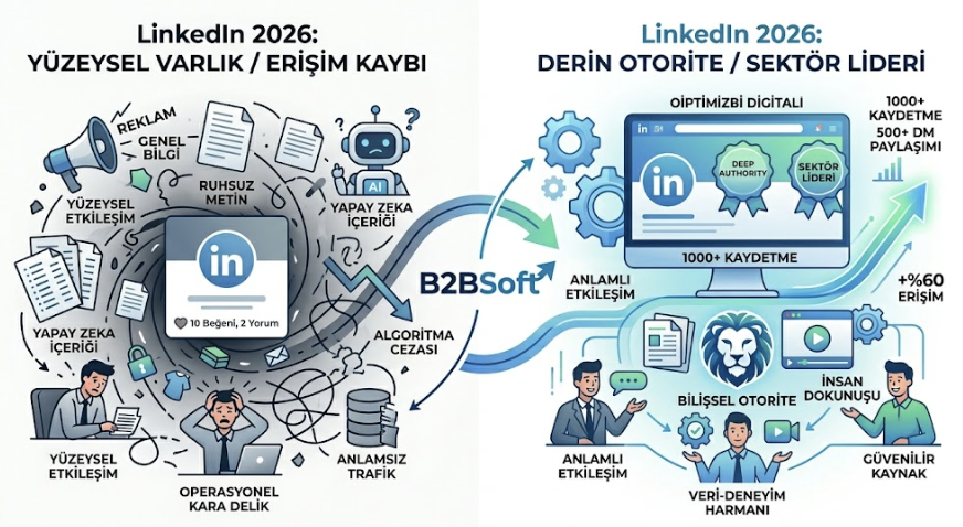 B2BSoft'un LinkedIn 2026 algoritmasını analiz eden, iki kısımdan oluşan infografiği. Sol tarafta, karanlık bir arka plan üzerinde 'YÜZEYSEL VARLIK / ERİŞİM KAYBI' başlığı, reklam, ruhsuz metin, düşük etkileşimli profil ve 'Operasyonel Kara Delik' içinde stresli insanlar yer alıyor. Sağ tarafta, aydınlık ve mavi-yeşil bir arka plan üzerinde 'DERİN OTORİTE / SEKTÖR LİDERİ' başlığı, 'Bilişsel Otorite'yi simgeleyen aslan logosu, optimize edilmiş profil, video, canlı yayın ikonları ve '%60 ERİŞİM' artışını gösteren grafik bulunuyor. İki tarafı birleştiren 'B2BSoft' logosu ve ok, dijital dönüşümü simgeliyor.